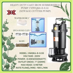 HEAVY DUTY CAST IRON SUBMERSIBLE PUMP 1" - HWQK6-8-0.55 (SEWAGE CUTTER PUMP)
