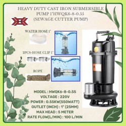HEAVY DUTY CAST IRON SUBMERSIBLE PUMP 1" - HWQK6-8-0.55 (SEWAGE CUTTER PUMP)