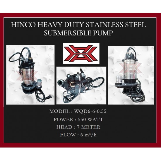HINCO HEAVY DUTY STAINLESS STEEL SUBMERSIBLE PUMP 550 WATT