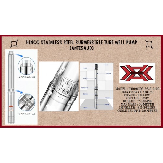 HINCO STAINLESS STEEL SUBMERSIBLE TUBE WELL PUMP (ANTI-SAND), 900 WATT